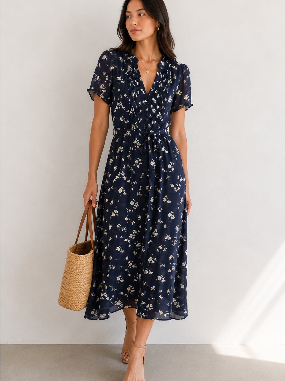 MSK Navy Floral Midi Dress with Tie Waist